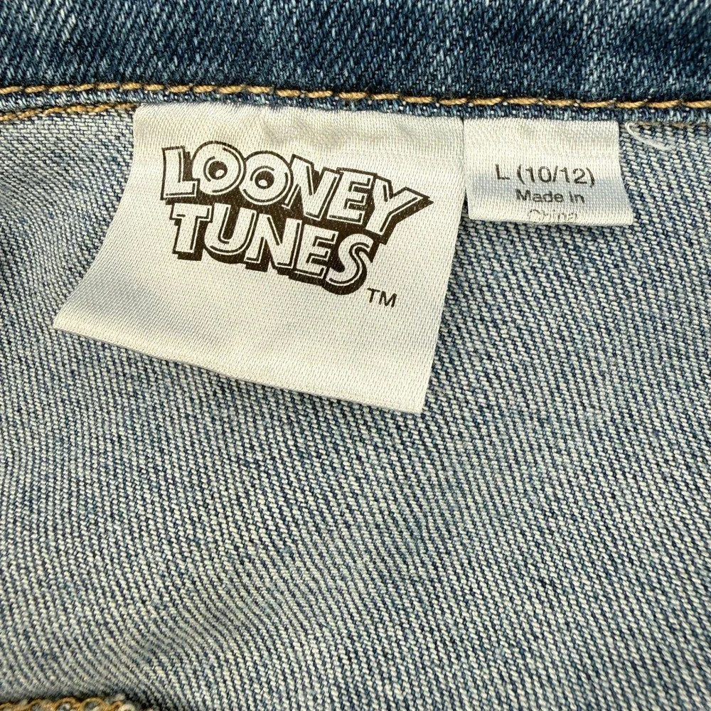 Looney Tunes Denim Jacket Girls Size L 10/12 Blue Tweety Bird That's All Folks